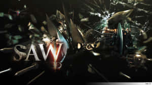 Saw 3D Filmplakat mit fliegendem Glas und Klingen vor dunklem Hintergrund. — Horror filmbilder Bild Wallpaper
