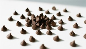 Et minimalistisk mønster af chokoladechips spredt ud over en hvid baggrund.