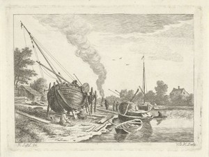 Scheepswerf by Anthonij van der Haer, created c. 1745 - 1785, in paper; etching. Download this artwork as a high-resolution wallpaper for desktop, tablet, or mo — Anthonij van der Haer Wallpaper