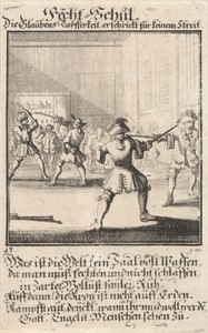 Schermschool by Caspar Luyken, created 1711, in paper; etching. Download this artwork as a high-resolution wallpaper for desktop, tablet, or mobile. — Art Wallpaper