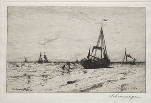 Scheveningen by Robert Swain Gifford, created c. 1880s, in etching. Download this artwork as a high-resolution wallpaper for desktop, tablet, or mobile.