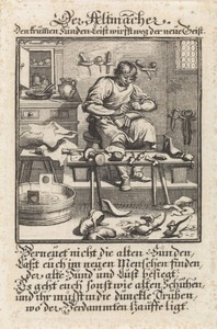 Schoenmaker by Jan Luyken, created 1698, in paper; etching. Download this artwork as a high-resolution wallpaper for desktop, tablet, or mobile. — Art Wallpaper