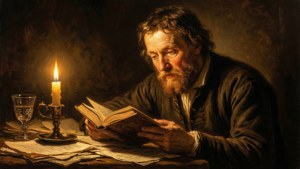 En intim scen av Aert Schouman som läser vid levande ljus, med dramatisk chiaroscuro och varma toner.