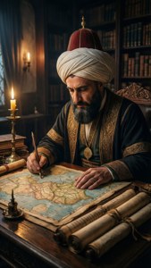 Mehmed II meneliti peta kuno di perpustakaan remang-remang yang dipenuhi gulungan