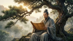Vreedzame confucianistische geleerde die rollen leest onder een oude den in mistig ochtendlicht