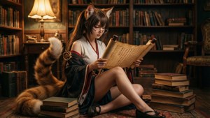 Tamamo no Mae læser på et bibliotek omgivet af bøger.