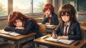 Arkipäiväinen taustakuva Kancolle-tytöistä luokkahuoneessa.