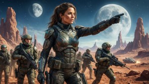 Kvinnelig soldat leder tropp i alien-ørken under to måner — Alien planet Bakgrunner