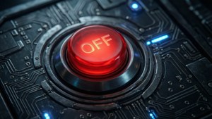 A high-tech glowing OFF button on a dark control panel wallpaper.