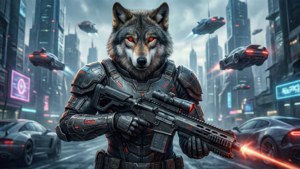 Un fond d'écran sci-fi d'un loup furry en armure futuriste.