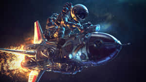 Astronaut on rocket motorcycle speeding through space with fiery exhaust. — Astronaut In Space Wallpaper