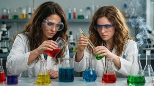 Helga ja Phoebe sekoittavat kemikaaleja laboratoriossa.