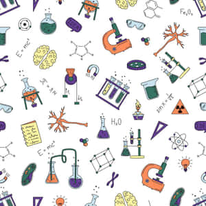 Padrão temático de ciência com béqueres, microscópios e fórmulas em fundo branco. — Science Aesthetic Papéis de Parede