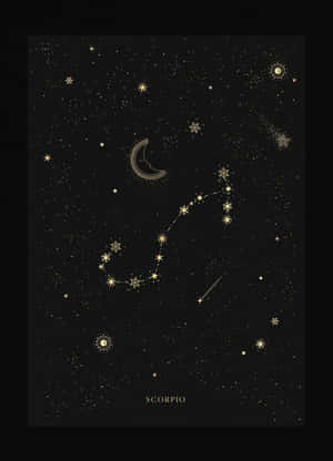Gold Scorpio constellation illustration on black background with stars and crescent moon. — Astrology iPhone Picture