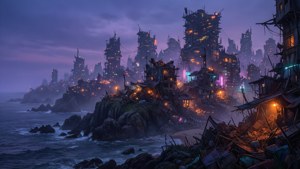 Een concept art breedbeeld van de skyline van de schrootstad van Tangled Shore bij schemering