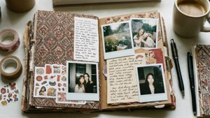 Ein kreatives Scrapbooking-Layout mit Papieren und Aufklebern.