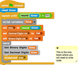 En visuel programmeringsgrænseflade med blokke til timer og binær konvertering. — Kodning Wallpapers