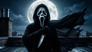 Ghostface steht auf einem Dach unter einem Vollmond, das Messer glänzt.