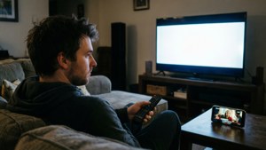 Seseorang yang terganggu dari TV oleh ponselnya sambil memegang remote, dalam suasana rumah yang redup.
