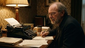 Robert Zemeckis menulis dengan mesin tik di ruangan vintage yang nyaman