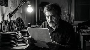 Cuarón läser ett manus i ett trångt redigeringsrum, högkontrast svartvitt