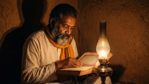 Premanand Maharaj lendo escritura à luz de lamparina, papel de parede espiritual íntimo