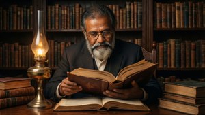 Premanand Maharaj membaca kitab suci kuno dengan cahaya lampu di perpustakaan