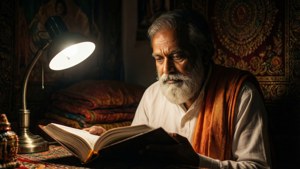 Premanand Maharaj legge una sacra scrittura illuminata da una singola lampada in una stanza buia.