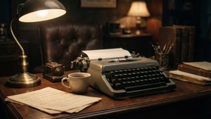 Mesin ketik vintage dengan kopi dan naskah dalam cahaya lampu yang hangat