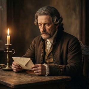 Heinrich Ulrich dalam momen tenang, membaca surat dengan cahaya lilin, membangkitkan strategi dan kerahasiaan.