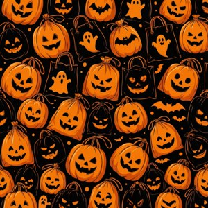 Et gentagende mønster af Halloween-tasker med spøgelses- og flagermusmotiver, vektorstil.