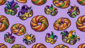 Un motif festif sans couture avec des tranches de King Cake et des masques de Mardi Gras.
