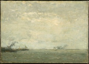 Seascape by Henry Ward Ranger, created 1892, in oil on canvas. Download this artwork as a high-resolution wallpaper for desktop, tablet, or mobile. — Henry Ward Ranger Wallpaper