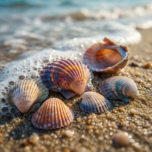 Kleurrijke schelpen op nat zand zomer pfp achtergrond