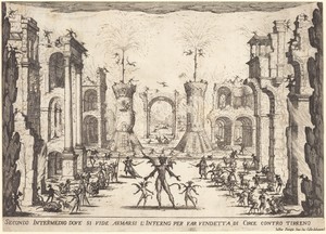 Second Intermezzo by Jacques Callot, created 1617, in etching on laid paper. Download this artwork as a high-resolution wallpaper for desktop, tablet, or mobile — Art Wallpaper