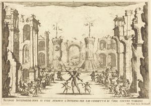 Second Intermezzo by Jacques Callot, created 1617, in etching on laid paper [restrike]. Download this artwork as a high-resolution wallpaper for desktop, tablet