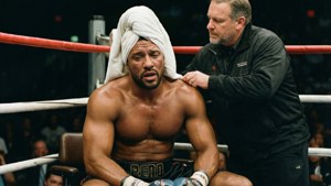 Adonis Creed riprende fiato tra i round con la sua squadra d'angolo.