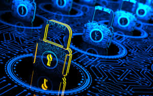 Glowing digital padlocks on circuit board representing cyber security.