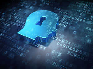 Ein blaues leuchtendes Schlüsselloch in Form eines menschlichen Kopfes, umgeben von schwebendem hexadezimalem Code. — Fünf Nächte Bei Freddys Security Breach Wallpaper