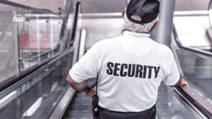 Sicherheitsbeamter fährt Rolltreppe, trägt weißes Hemd mit Security auf dem Rücken — Fünf Nächte Bei Freddys Security Breach Wallpaper