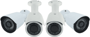 Four white security cameras with infrared lights for surveillance.