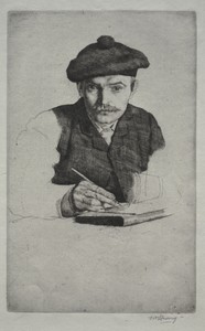 Self-Portrait by William Strang, created 1885, in etching. Download this artwork as a high-resolution wallpaper for desktop, tablet, or mobile. — William Strang Wallpaper