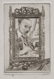 Self-Portrait by Pierre Louis Gatier, created c. 1925, in etching. Download this artwork as a high-resolution wallpaper for desktop, tablet, or mobile. — Pierre Louis Gatier Wallpaper