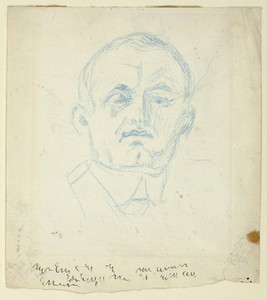 Self-Portrait by Edvard Munch, created n.d., in Blue crayon on paper. Download this artwork as a high-resolution wallpaper for desktop, tablet, or mobile. — Illustration Background