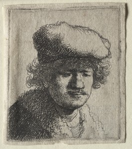 Self-Portrait with Cap Pulled Forward by Rembrandt van Rijn, created c. 1631, in etching with engraving. Download this artwork as a high-resolution wallpaper fo — Art Picture