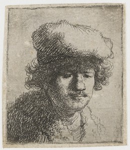 Self-portrait with cap pulled forward by Rembrandt van Rijn, created c. 1630, in paper; etching; intaglio printmaking technique. Download this artwork as a high — Rembrandt van Rijn Wallpaper