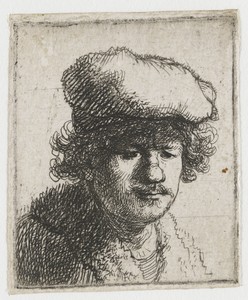 Self-portrait with cap pulled forward by Rembrandt van Rijn, created c. 1630, in paper; etching. Download this artwork as a high-resolution wallpaper for deskto — Rembrandt van Rijn Wallpaper