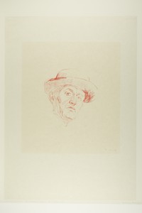 Self-Portrait with Hat I by Edvard Munch, created 1927, in Lithograph printed in red ink on Japanese paper. Download this artwork as a high-resolution wallpaper — Illustration Wallpaper