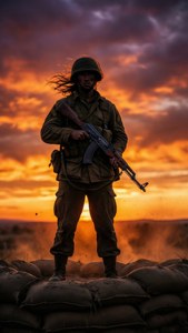 En silhuett av en soldat på vakt mot en dramatisk solnedgång med varma färger