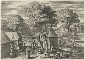 September by Julius Goltzius, created c. 1560 - 1595, in paper; engraving. Download this artwork as a high-resolution wallpaper for desktop, tablet, or mobile. — Julius Goltzius Wallpaper
